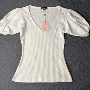Missguided Cream Ribbed Puff Sleeve Top